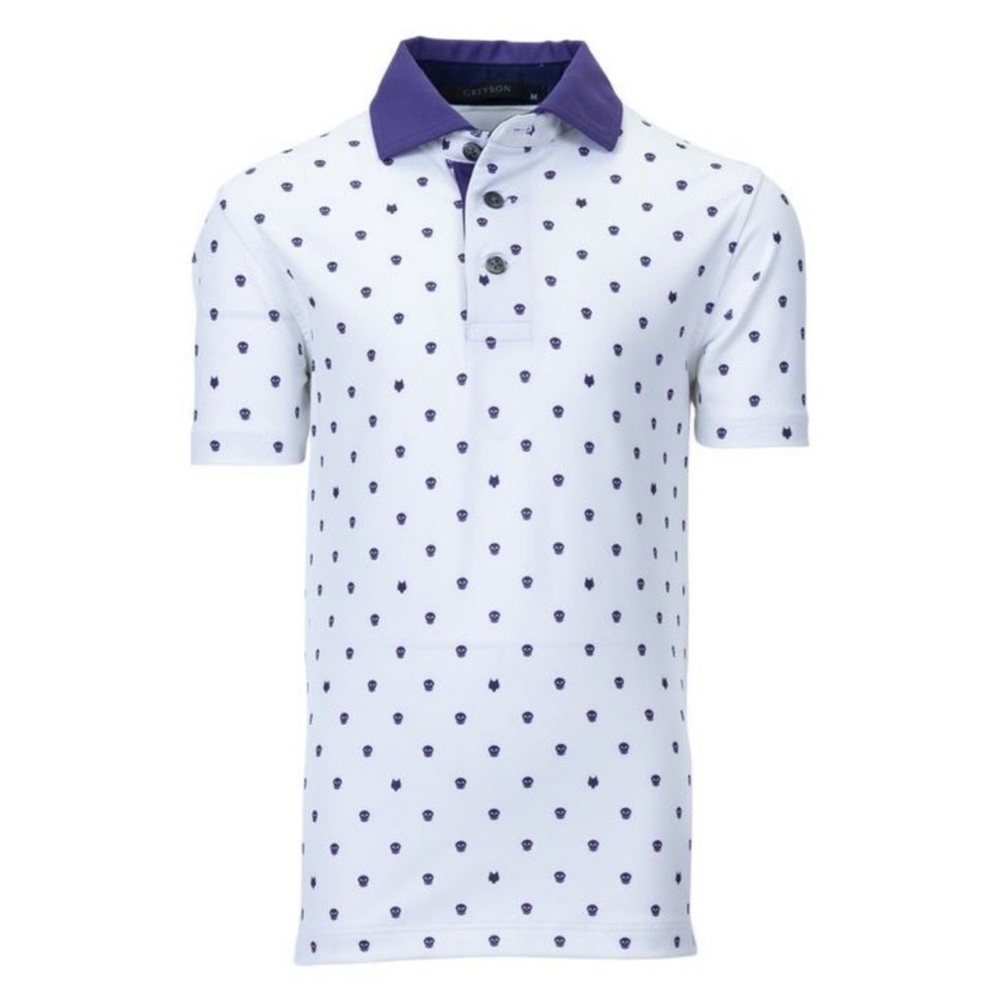 Greyson Boys XL Voodoo Polo – White Purple Wolf Skull Print, Stretch, Quick Dry